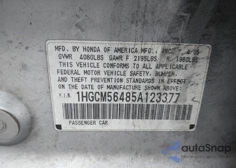 2005 Honda Accord 2.4 Lx from USA, damaged, VIN 1HGCM56485A123377